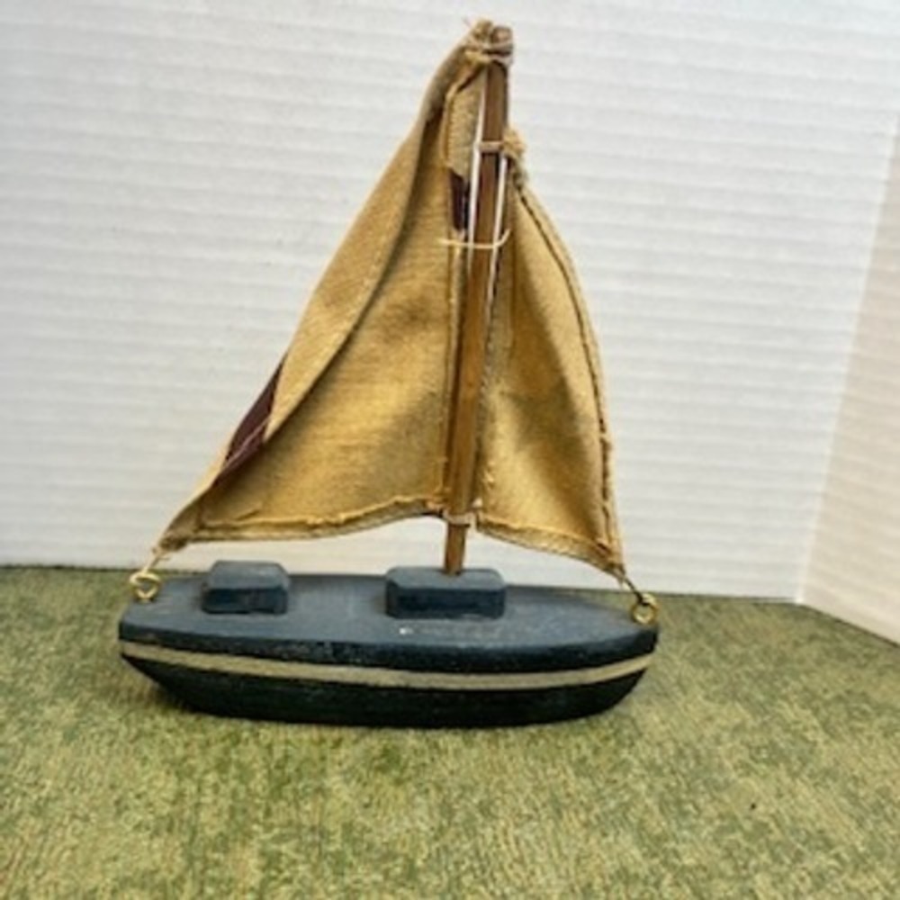 Vintage Wooden Sailboat Model Nautical Decor Blue Black Hull Star Fabric Sails - Picture 3 of 5